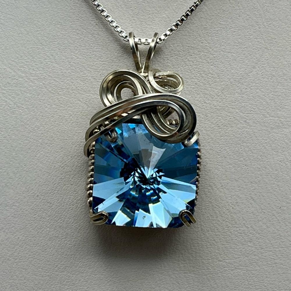 Sterling Silver Swarovski Vintage Crystal Necklace Vintage Blue Crystal Pendant